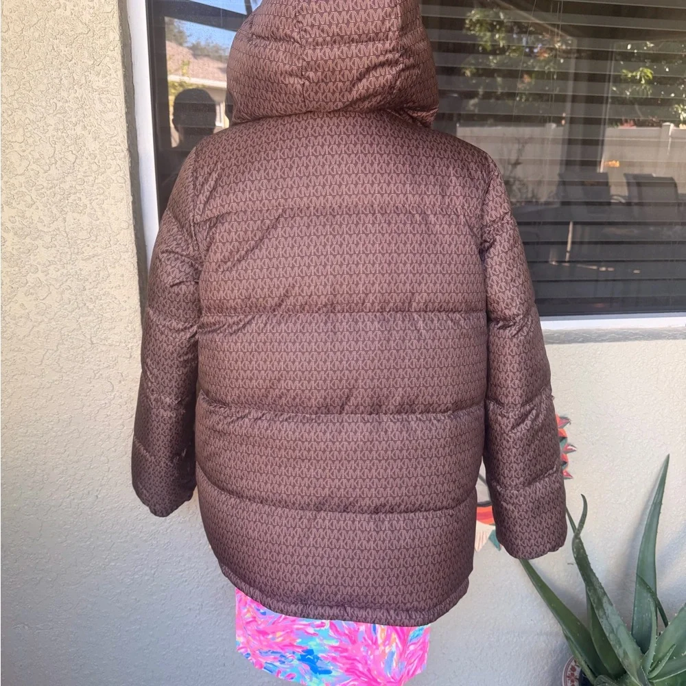 Michael Kors MK Monogram Dark Brown Reversible Puffer Jacket With Gold Hardware